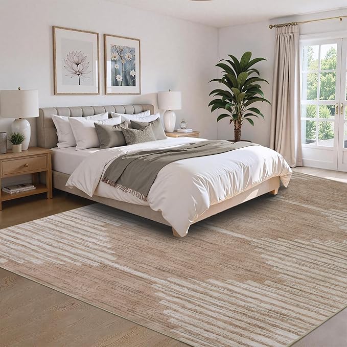 HelloTree Area Rug for Living Room 9x12 Washable Geometric Moroccan Rug Stripe Farmhouse Bohemian Non Slip Non Shedding Ultra Thin Soft Rug for Bedroom Office DiningRoom Nursery-Pink&Khaki