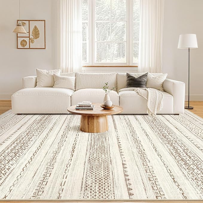Nakagishi Area Rugs 8x10 Living Room: Washable Boho Large Neutral Soft Farmhouse Rug Stain Resistant Modern Geometric Non-Slip Indoor Floor Carpet for Bedroom Nursery Kids Playroom Office- Brown