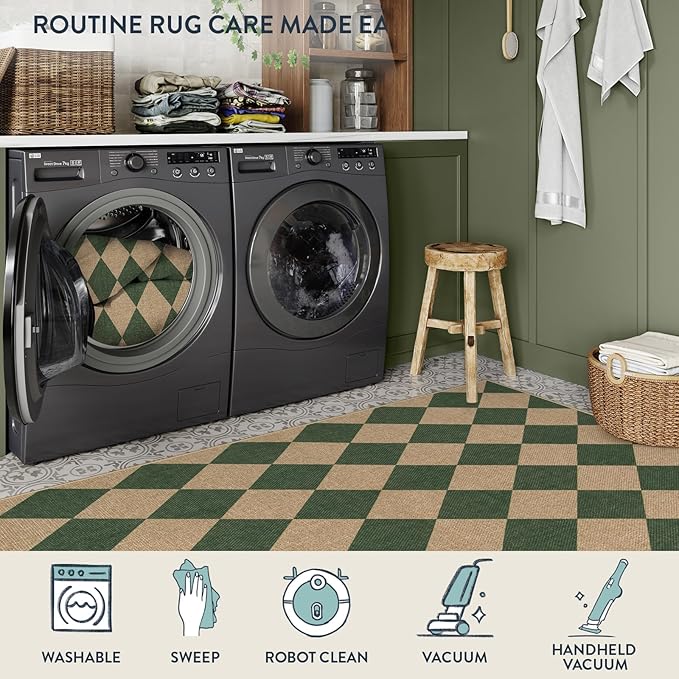 Lahome Checkered Kitchen Runner, 2x8 Easy Jute Runner Rug for Hallway Entryway, Farmhouse Indoor Outdoor Non Slip Non Shedding Green Carpet for Laundry Bedroom Porch Corridor