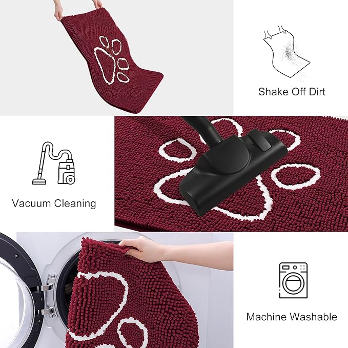 Smiry Dog Door Mat for Muddy Paws, Absorbent Dirt Trapper Non Slip Quick Dry Washable Chenille Mat for Mud Dogs, Entry Rug for Indoor and Outdoor (47x32 Inches, Burgundy and White)