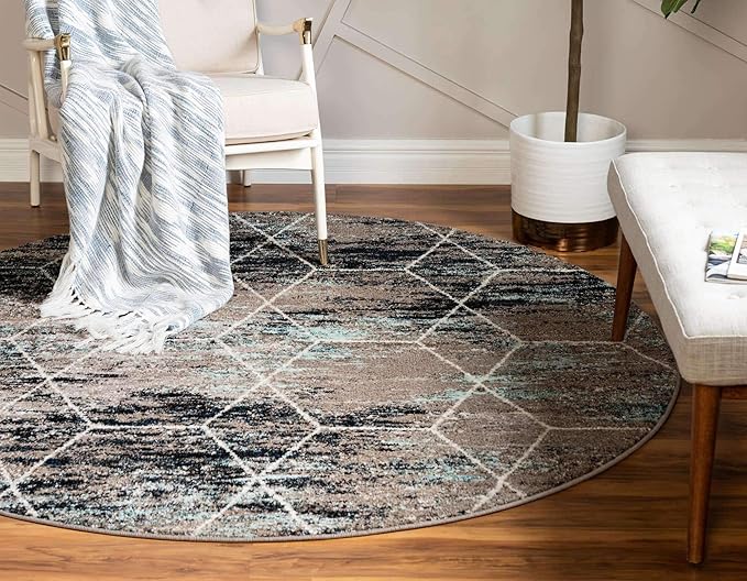Unique Loom Trellis Frieze Collection Area Rug - Geometric (6' Round, Blue Multi/ Ivory)