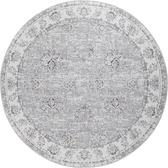 jinchan Fiora Round Rug 4ft Area Rugs Vintage Floral Distressed Design - Machine Washable Non-Slip Low-Pile Ultra-Thin Circle Rug for Entryway Bedside Living Room Dining Room Bedroom (4' Round, Grey)