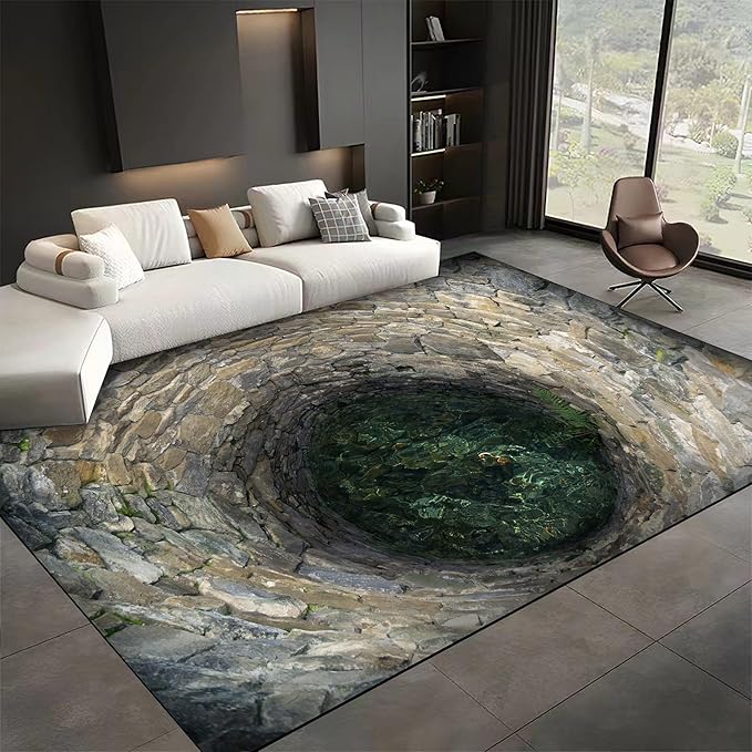 3D Hole Area Rug for Bedroom, 3x5ft, Visual Illusion Stone Cave Trap Design Home Decorative Rugs, Breathable Anti Skid Dirty Resistant Washable Soft Large Carpets for Family Indoor