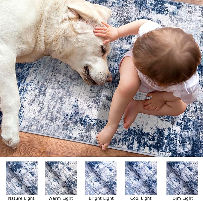 Modern Abstract Runner Rug 2x6, Grey Navy Blue Colorful Washable Kitchen Runner Non-Slip Soft Hallway Rug Runner Thin Print Faux Wool Carpet for Entryway Bedroom Laundry Room Indoor Home Decor