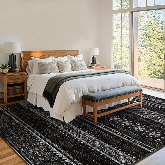 BESTSWEETIE 6x9 Area Rugs for Living Room Washable Moroccan Farmhouse Neutral Geometric Low Pile Non-Slip Soft Print Pattern Rug for Bedroom Kitchen Dining Room Entryway Black/White