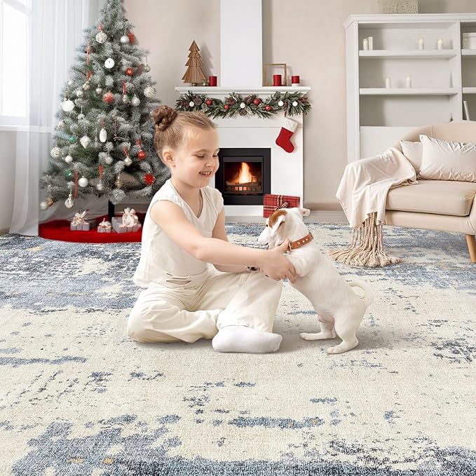 7x9 Area Rug Living Room Rugs - Washable Neutral Modern Abstract Soft Thin Rug Indoor Floor No Slip Rug Carpet for Bedroom Under Dining Table Home Office Decor - Blue/Light Brown