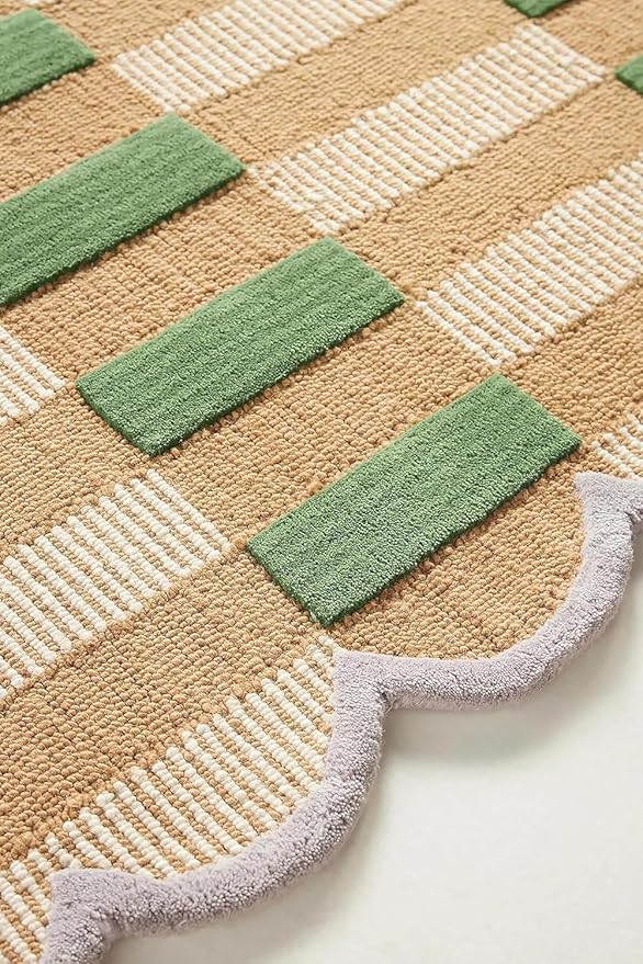 Hand-Tufted Wool Rug with Scalloped Edges, Light Blue Plaid Pattern, Cozy Soft Area Rug for Living Room, Bedroom, and Nursery, Handmade Modern Accent Rug (Green, 6X9 FEET)