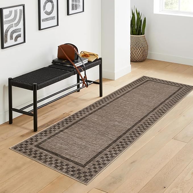 Rug Runners for Hallways 2x8 Washable Kitchen Runner Rug Non Slip Low Pile Bedside Throw Carpet Modern Bordered Bathroom Runners Checkered Area Rug for Living Room Bedroom Entryway Nursery, Brown