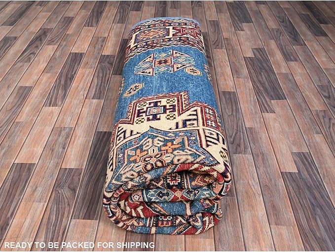 Cerulean Blue Special Kazak with All Over Pattern Natural Dyes Pure Wool Hand Knotted Oriental Densely Woven Rug(9'x11'8")