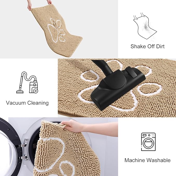 Smiry Dog Door Mat for Muddy Paws, Absorbent Dirt Trapper Non Slip Quick Dry Washable Chenille Mat for Mud Dogs, Entry Rug for Indoor and Outdoor (30x20 Inches, Beige and White)