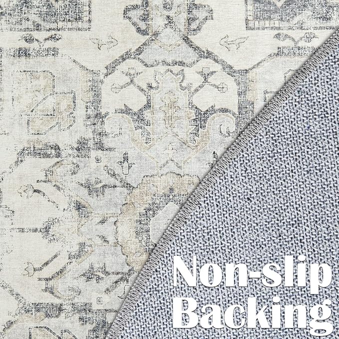 jinchan Kelda Round Rug 4ft Washable Area Rug Indoor Vintage Floor Cover Distressed Circle Mat 4' Round Lightweight Non Slip Low Pile Thin Carpet for Entryway Kitchen Living Room Bedroom Grey