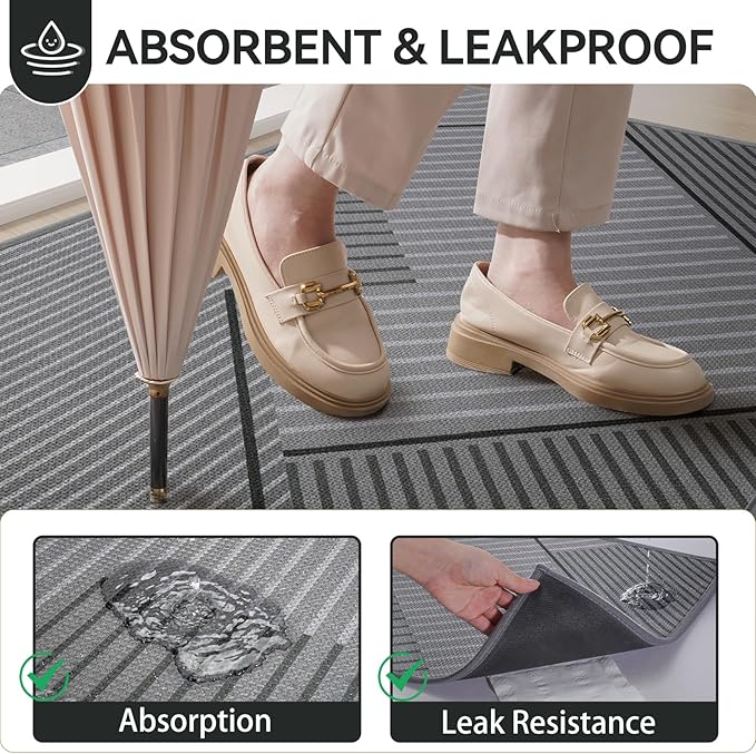 Front Door Mat 17''x30'', Non Slip Absorbent Muddy Dirt Resist Washable Low-Profile Indoor Doormat, Welcome Entryway Door Mats, Grey