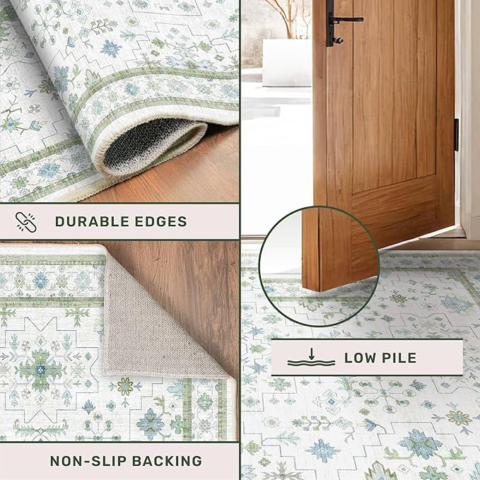 Turkish 3x8 Wide Hallway Runner - Cream Green Oushak Boho Floral, Washable Low Pile Non Slip Stain Resistant Rug for Kitchen, Bathroom, Hall Way