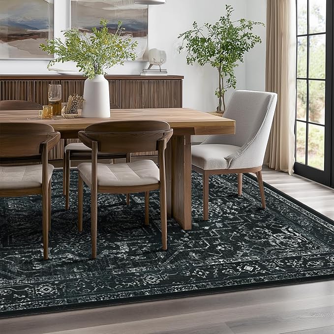 Black Vintage Distressed 8x10 Area Rugs for Living Room, Washable Non Slip Bedroom Rugs Under Bed Faux Wool Soft, Dark Medallion Pinted Thin Carpet for Dining Room Home Office