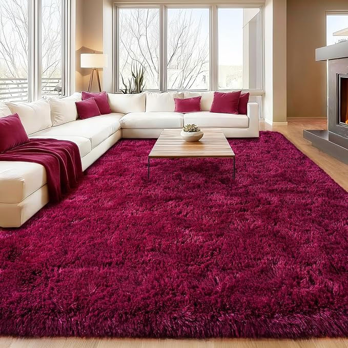 Burgundy Plush Rug for Living Room Fuzzy Carpet for Bedroom Dorm, Non-Slip High Pile Rug, Shag Rug for Playroom Nursery Home Office Decor 8X10 Ft