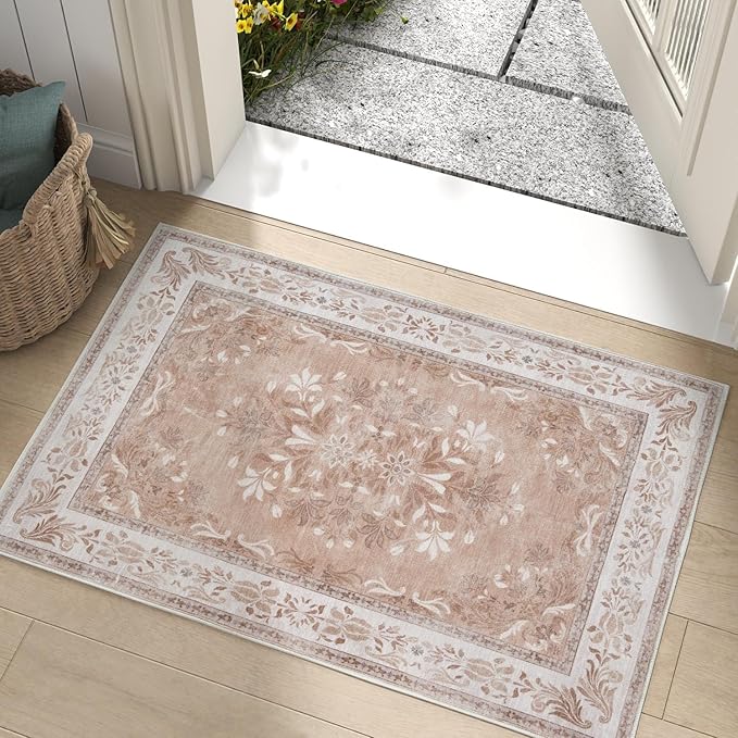 jinchan Floral 2x3 Rugs for Entryway - Vintage Washable Area Rug Ultra-Thin Low Pile Soft Small Non Slip Distressed Indoor Door mat Accent for Entrance Kitchen Bedroom (2x3ft, Coral Pink)