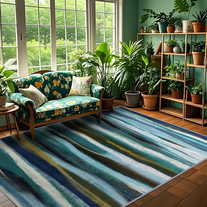 Abstract 9x12 Area Rug, Modern Stripe Teal Rugs for Living Room, Washable Soft Large Non-Slip Floor Carpet for Dining Room Office Bedroom Farmhouse Decor - Teal/Multi