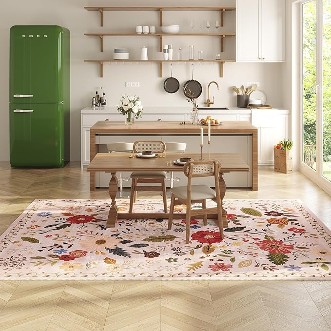 Living Room Rug 8x10 Rug Machine Washable Boho Area Rug Non Slip Floral Vintage Low Pile Large Rugs for Living Room, Bedroom, Farmhouse, Dining Room (Beige)