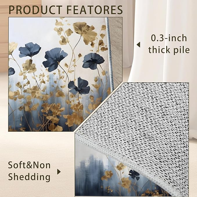 Blue Gray Flower Area Rug for Living Room, Non-Slip Backing Low Pile Modern Abstract Rug for Indoor Use, 3x5 Washable Carpet