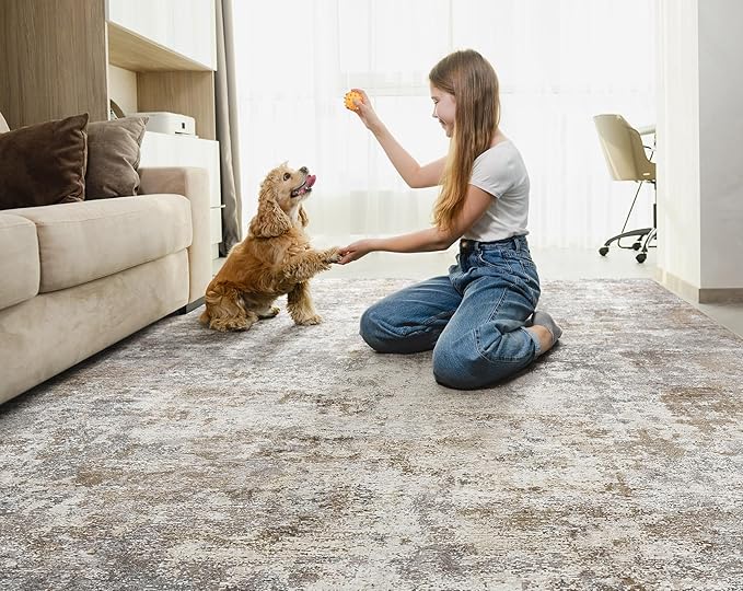 5x8 Area Rug Living Room Rugs - Washable Neutral Modern Abstract Soft Thin Large Rug Indoor Floor No Slip Rug Carpet for Bedroom Under Dining Table Home Office Decor - Brown Grey