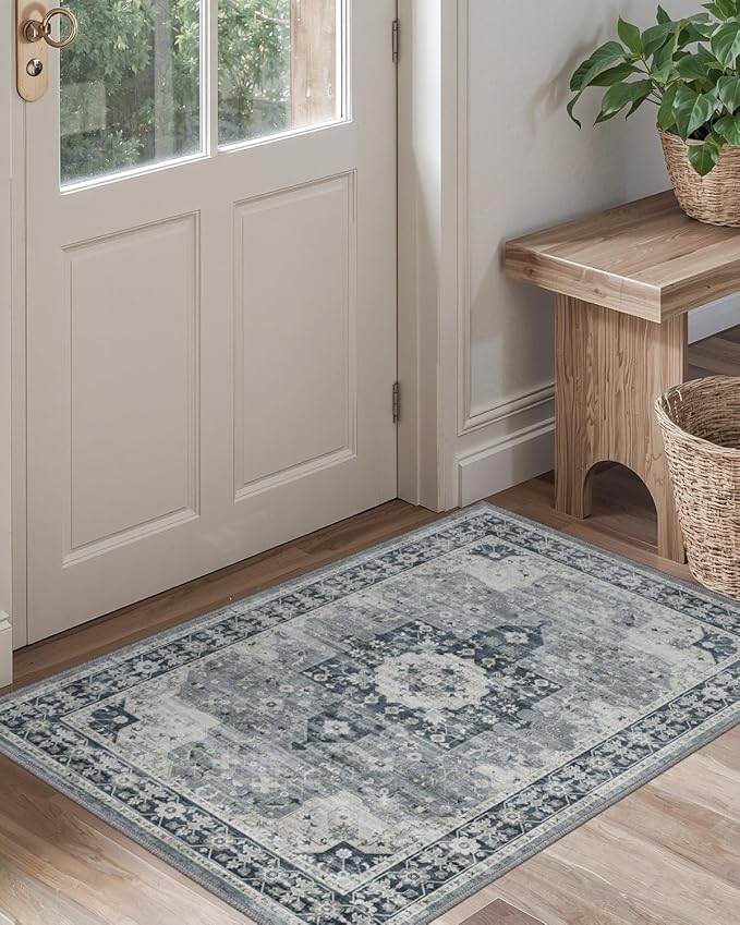 DEXI Area Rugs for Entryway 2x3, Washable Low Pile Vintage Traditional Entry Rug Non Slip, Small Indoor Door Mat for Bedroom Kitchen Entrance Hallway, Blue Grey