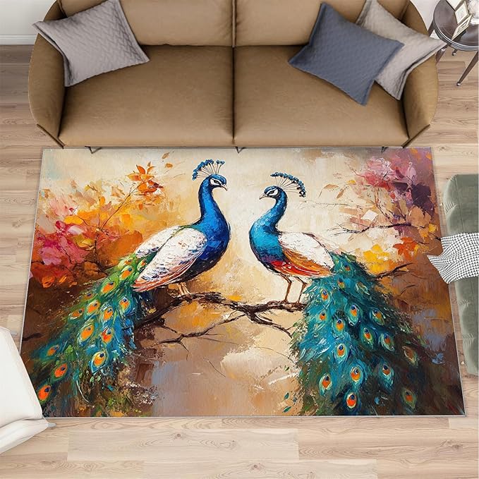Peacock Rug 4x5-4x5 Rug, Classic Peafowl Floral Area Rugs for Bedroom, Peacock Couples Rugs for Living Room, Oil Painting Art Washable Mat, Aesthetics Carpet - Peafowl Home Decor & Gifts