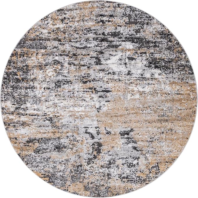 Rugs.com Leipzig Collection Round Rug – 7 Ft Round Beige Low-Pile Rug Perfect for Kitchens, Dining Rooms