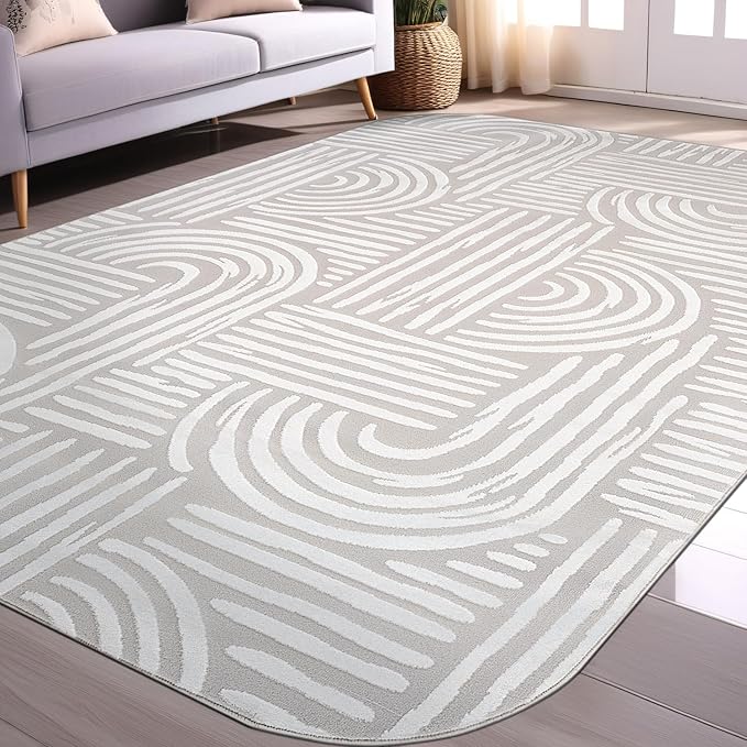 Beverly Rug Modern Geometric Area Rug 9x12 Low-High Pile Durable Soft Abstract Curved Indoor Rugs for Living Dining Room Office Stain Resistant Non Shedding Casual Indoor Carpet Beige White 9 x 12