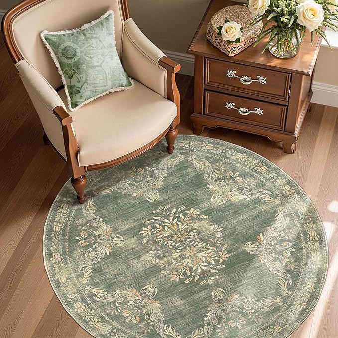 jinchan Round Rug 4ft Area Rugs Vintage Floral Distressed Design,Machine Washable Soft Non-Slip Low-Pile Ultra-Thin Circle Rug for Entryway Bedside Living Room Kitchen Nursery (4' Round,Dark Green)