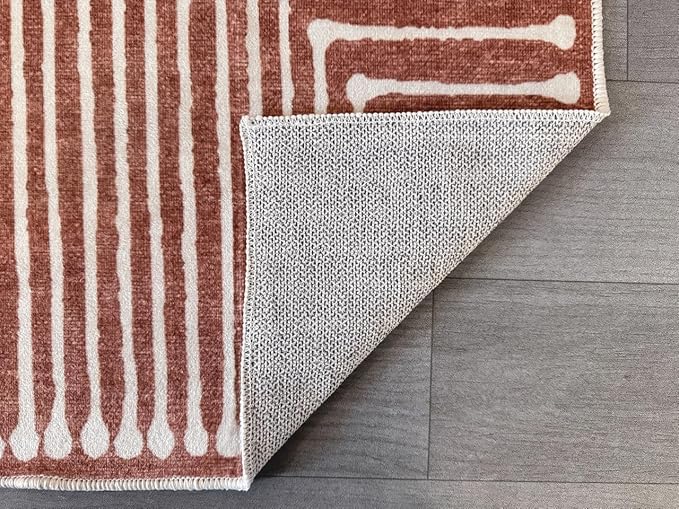 GLN Rugs Contemporary Collection - Machine Washable Area Rug, Contemporary Washable, Non Slip, Low Pile Chenille Rug, Living Room, Bedroom, Kitchen Rug (5' x 7' Beige Orange)