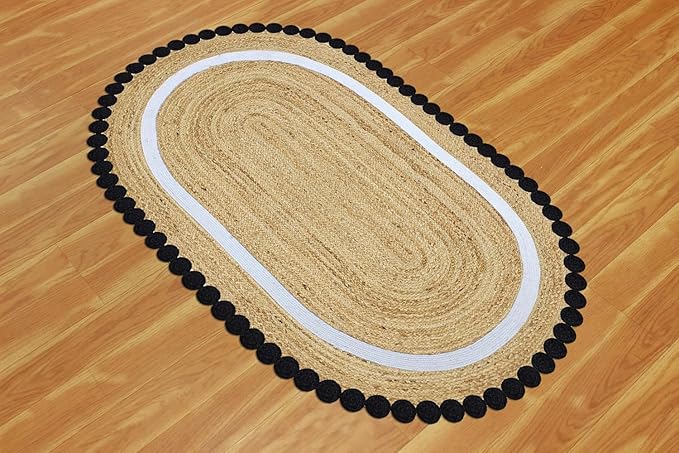 Kilim Oval Rug 6x9 Oval Flatweave Rug Natural Jute Thick 0.27" Solid Pattern Black Beige Hand Braided Jute Handmade Boho Indoor Outdoor Rugs for Bedroom Living Room Dining Room
