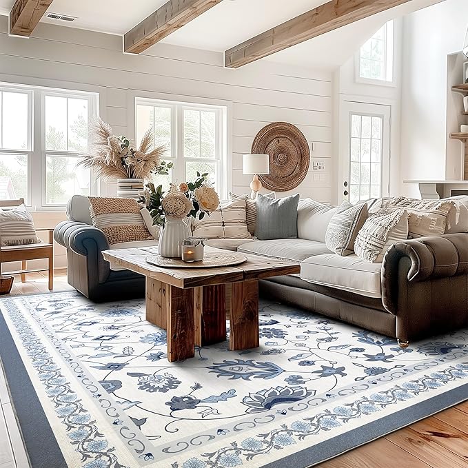 EVERGRACE Area Rugs for Living Room 9x12, Boho Floral Faux Wool Indoor Outdoor Rugs, Washable Rugs for Bedroom Dining Room Entryway Kitchen, Low Pile Floor Mat Carpet for Home Decor, Porcelain Blue