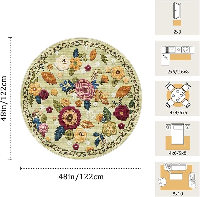 4ft Round Machine Washable Area Rug for Living Room, Green Vintage Boho Floral Rug Large Non-Slip Low Pile Soft Faux Wool Carpet, Kids and Pets Friendly for Bedroom Nursery Farmhouse Home Decor Rug