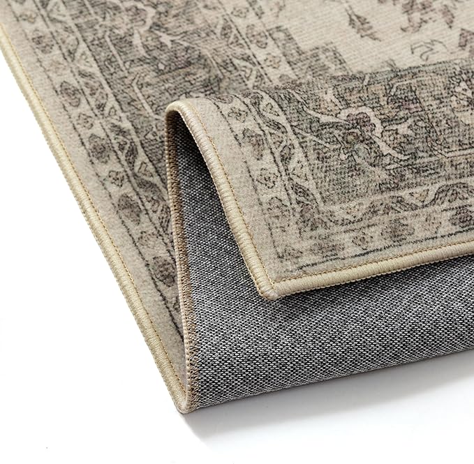 8x10 Washable Area Rug Beige Grey Vintage Distressed Large Rug for Living Room Oriental Soft Thin Indoor Retro Gray Carpet Non Slip Low Pile Floor Cover Bedroom Dining Room Office Nursery