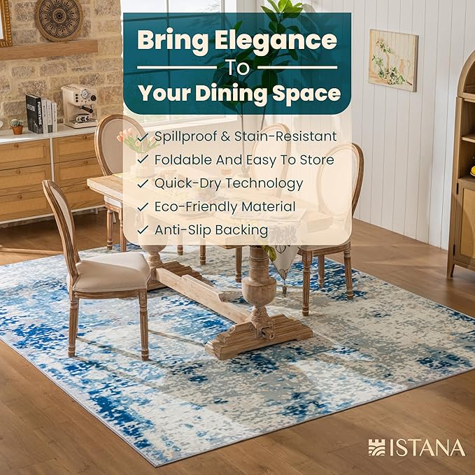 Istana 8x10 Area Rug - Blue/Ivory 8x10 Rugs for Living Room - Foldable Rugs for Bedroom - Stain Resistant Washable Rug - Eco-Friendly Area Rugs - Easy to Clean Living Room Rug
