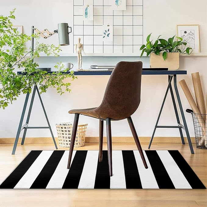 KOZYFLY Black and White Striped Runner Rug 2x4.3 Ft Washable Hallway Runner Rug Farmhouse Kitchen Hand Woven Cotton Indoor Outdoor Rug for Front Door Kitchen Hallway Bedroom Laundry Room