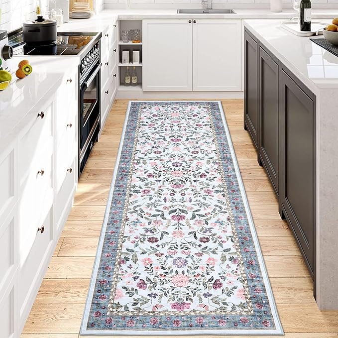 Washable Runner Rug 2.5 x 8 Non-Slip Non-Shedding Soft Vintage Bedside Low Pile Farmhouse Floral Carpet, Indoor Foldable Printed Entryway Rug for Hallway Kitchen, Light Blue