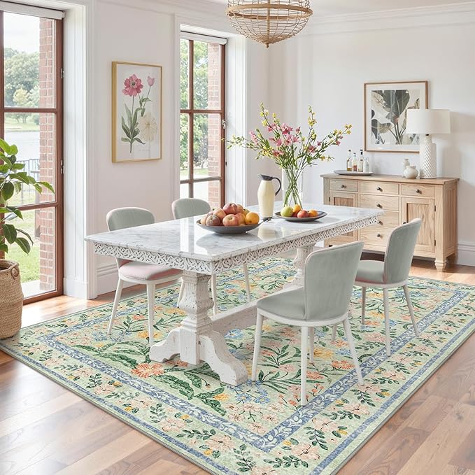 Lahome Machine Washable Area Rugs 8x10 Non Slip, Soft Boho Living Room Rugs, Ultra-Thin Vintage Cottage Throw Carpet for Home Office Dinning Room Kids Playroom, Green/Multi