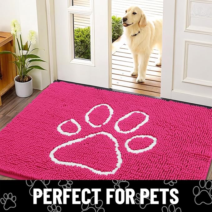 Smiry Dog Door Mat for Muddy Paws, Absorbent Dirt Trapper Non Slip Quick Dry Washable Chenille Mat for Mud Dogs, Entry Rug for Indoor and Outdoor (30x20 Inches, Hot Pink and White)