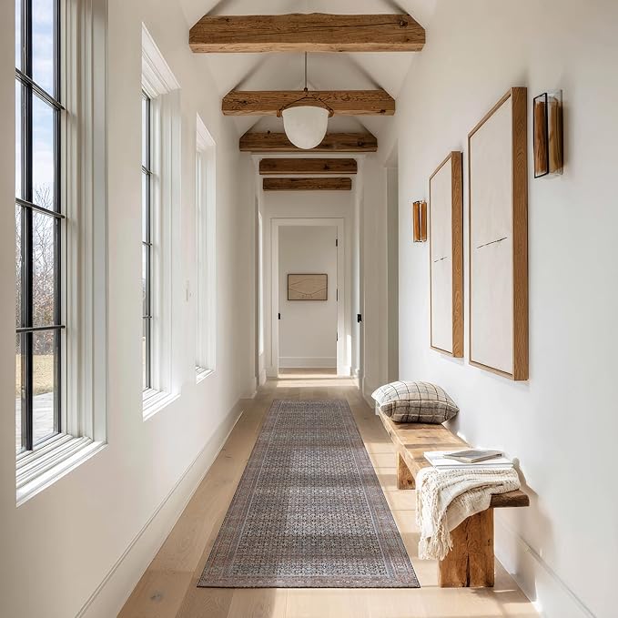 Kuden 2'6"x12 Runner Rug, Machine Washable Area Rug with Non-Slip Backing, Vintage Style, Soft, Easy Clean, Low Pile Rug for Hallway, Entryway, Kitchen, Bedroom