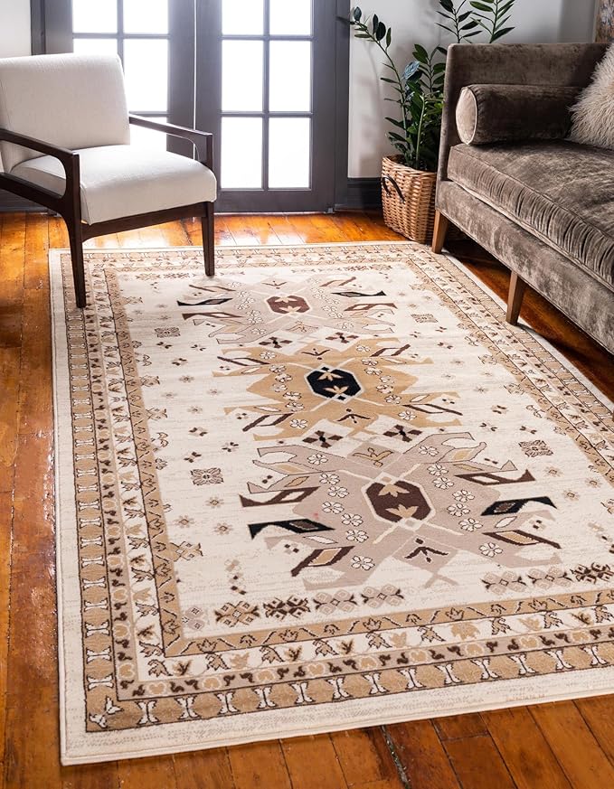 Unique Loom Taftan Collection Border Geometric Tribal Inspired Design Area Rug (5' 0 x 8' 0 Rectangular, Ivory/ Tan)