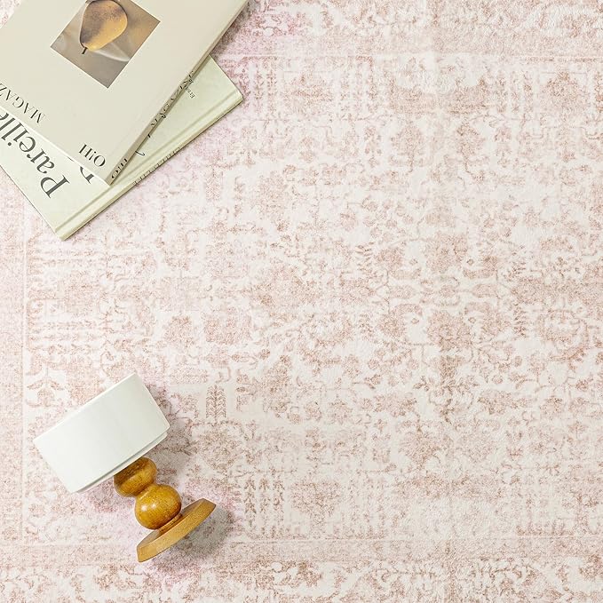 Pink Area Rug 4x5 Office Entryway Rug Machine Washable Kitchen Vintage Distressed Non Slip Carpet Indoor Retro Floral Accent Throw Door Mat for Bathroom Bedroom Dining Living Room