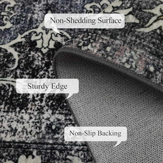 Washable Area Rugs 8x10, Large Rugs for Living Room, Carpet for Bedroom, Soft Faux Wool Retro Dining Room Rug, Non-Slip Backing Resistant Low Pile Vintage Print Rug for Home Office (Tan/Gray)