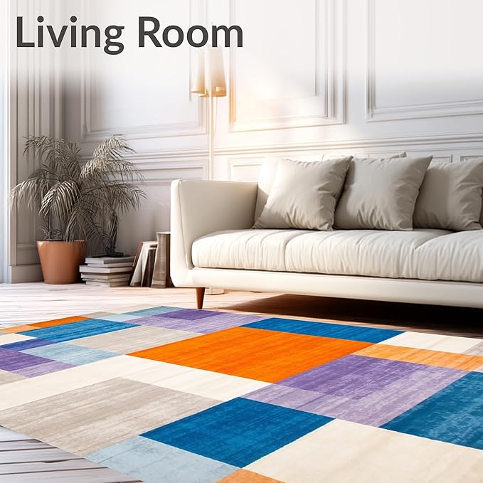 Flatwoven High Traffic Area Rug 6x9, Modern Abstract Color Block Area with Artistic Flair, Non Slip, Stain Resistant, Washable Area Rugs for Living Room, Bedroom (Blue, 6x9)