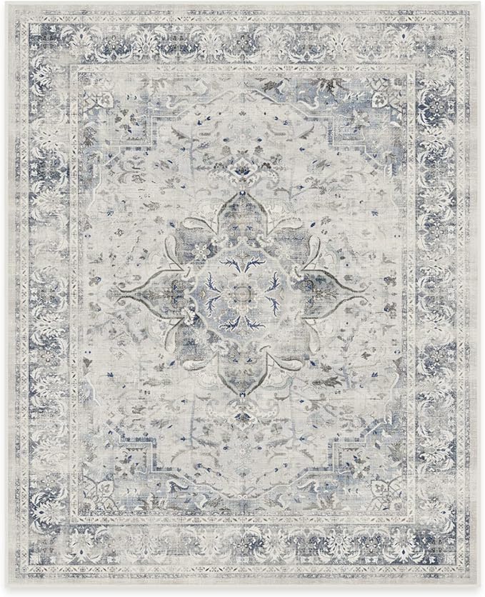 RUGGABLE Washable Vintage Area Rug – Sarrah Blue Quartz 8x10, Stain-Resistant, Non-Slip – Large Machine Washable Rugs for Living Room, Bedroom, Hallway, Entryway & Office–with Cushioned Pad