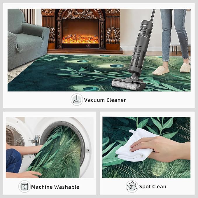 Peacock Feather Rugs for Living Room - 6x8 Rug, Peacock Decor Area Rugs for Bedroom, Teal Turquoise Rug, Plant Washable Carpet, Malachite Green Feather Carpet - Peafowl Home Decor & Gifts