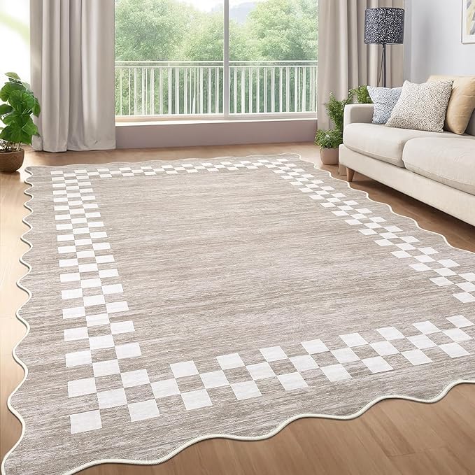 GarveeHome 8x10 Area Rug for Living Room Scalloped Washable Large Bedroom Rug Non Slip Stain Resistant Modern Border Dining Room Throw Carpet Scalloped Boho Rug for Home Decor Office Nursery, Fog