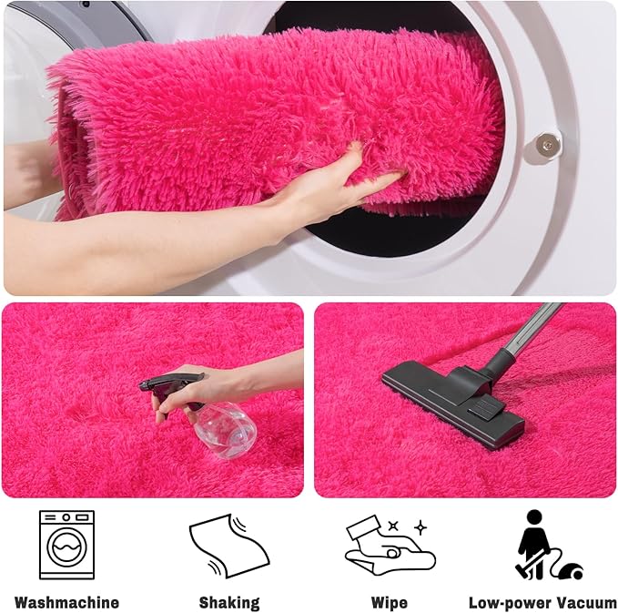 Soft Fluffy Area Rug for Bedroom, Hot Pink Fuzzy Shaggy Oval Throw Rugs for Bedside, Non-Slip Cozy Plush Shag Carpet for Girls Kids Room Nursery Dorm Living Room, 2.6 x 5.3 Feet