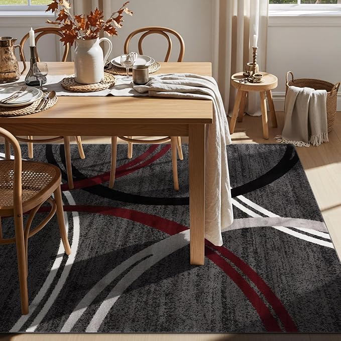 Rugshop Modern Wavy Circles Design Non-Shedding Area Rug, Carpet for Living Room or Dining Room, Red, 6'6" x 9'