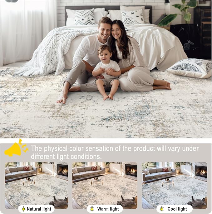Area Rugs 10x14 Living Room - Washable Rug Modern Abstract Soft Large Neutral Non-Slip Carpet Indoor Floor Thin Carpets for Bedroom Dining Room Farmhouse Nursery Home Office Multi